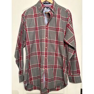 Tommy Hilfiger Mens Grey Red Plaid Long Sleeve Button Down Shirt Size M